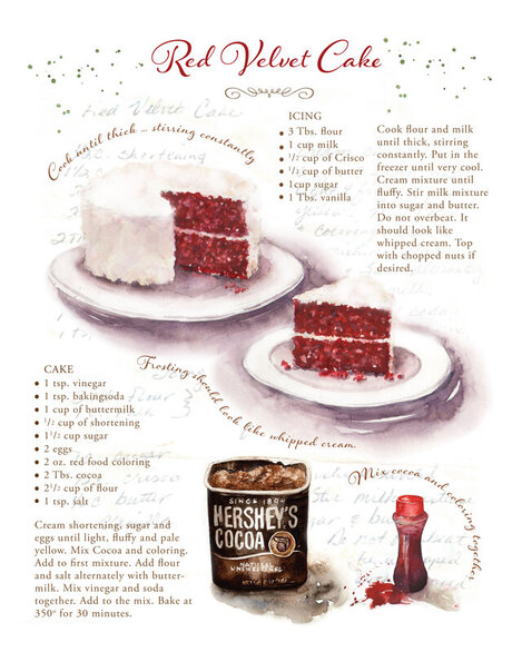 Recipe art illustration. Red Velvet Cake by Caryn Dahm. Red Velvet Cake Culinary Illustration. Recipe Illustration