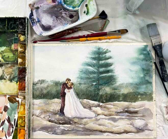 Custom watercolor art created as wedding gift