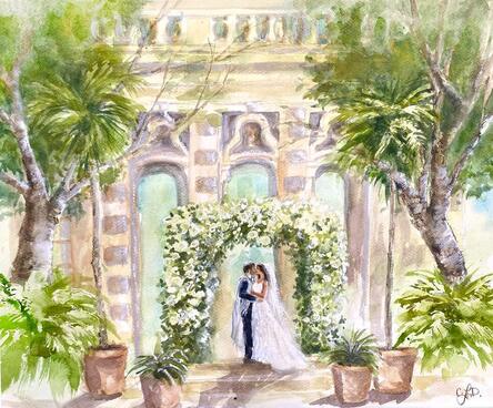Live wedding painting in Viscaya Gardens, Miami, FL, by watercolor wedding artist, Caryn Dahm